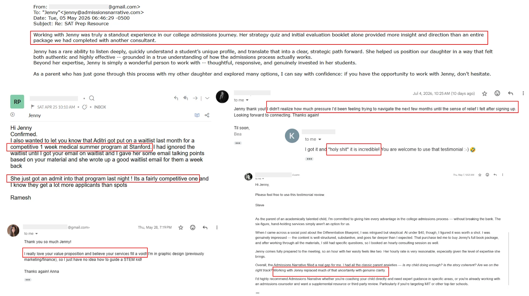 Screenshots of parent emails and texts praising Jenny's guidance and their teens' college admissions results